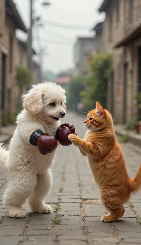 "A white fluffy Cockapoo wearing boxing gloves playfully sparring with a chubby big fat orange tabby cat in a village street. The cat is standing on its hind legs, raising its paws as if ready to fight. 