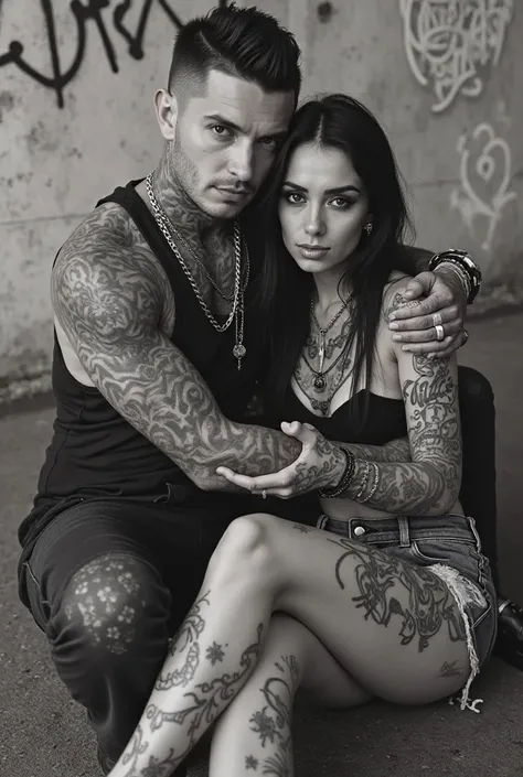 "A raw and intimate black and white portrait of two heavily tattooed individuals sitting close together in an urban setting. The person in the background has a short, slicked-back haircut and wears a black tank top, revealing a body covered in intricate ta...