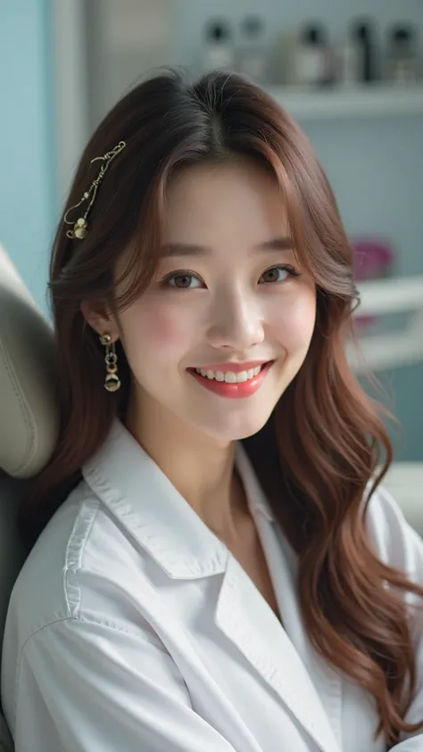 high resolution images,dental room,modern tools,Full Body Korean Female,Age 25 years,White skin,Brown Long Hair,Big brown eyes,Warm smile,hair accessories, looking at the audience,Photorealistic,4K,hdr,studio lighting,physically-based rendering,vivid color...