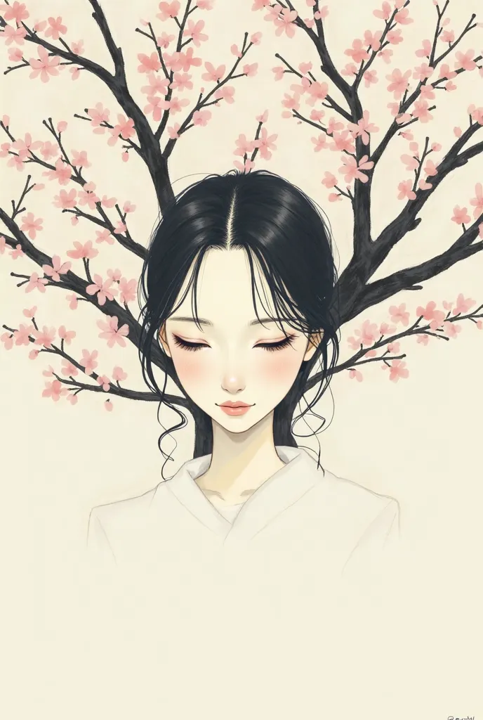  in a cherry tree, only face in style sumi-e