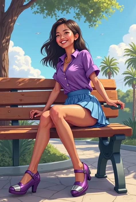 Tip: A very lovely  beautiful Asian American woman being happy alone on a bench in Downtown San Diego in the sun..The illustration is a high definition illustration with 4k resolution., with highly detailed facial features and cartoon style visuals, purple...