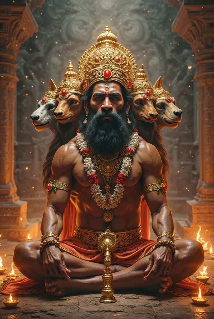 A breathtakingly detailed and ultra-realistic digital painting of Panchmukhi Hanuman, sitting in a meditative posture amidst a divine and mystical atmosphere. He has five heads - a central vanara (monkey) face, along with faces of a lion, an eagle, a horse...