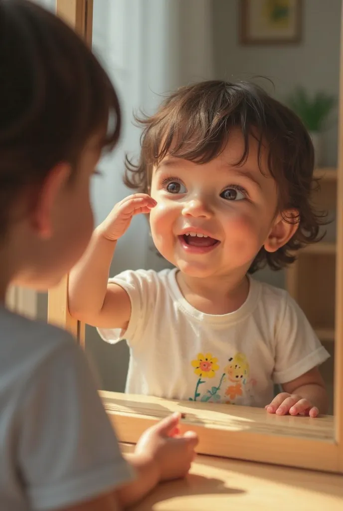 Create a real image inspired by the Montessori method that represents the concept of freedom within limits. The scene must show a real human  aged 4 to s,  smiling, seeing himself in the mirror , Recognizing, Touching your nose in the mirror. The image sho...