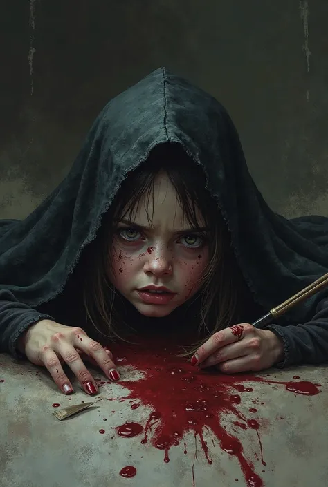  Create an image of a wounded and frightened girl lying sprawled on the ground and dressed in a dark cloak and blood flowing from her. Near it lies a bow and arrows 