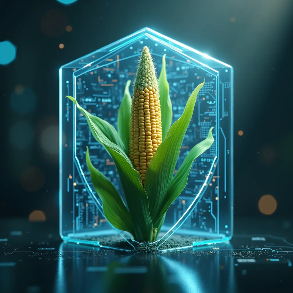 "A vibrant green corn leaf, protected by a technological shield. The shield is colored blue, semi-transparent, with geometric features and digital circuits subtly shining on its surface. The shield surrounds the corn leaf as a protective layer, reflecting ...