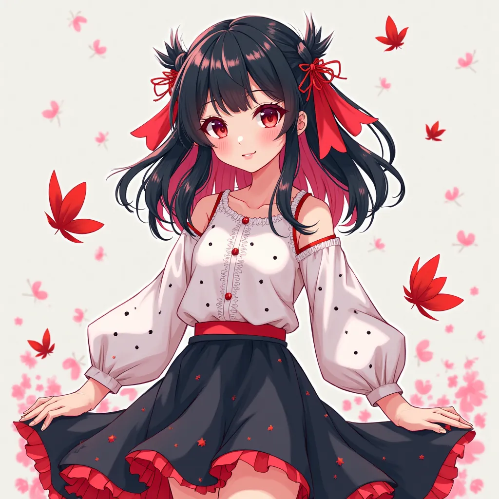 2D anime style of a girl with black hair but a little red hair and wearing short white clothes with black spots and with a black skirt
