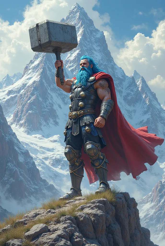 Mountain Thor, hammer bigger than him, beard and blue hair