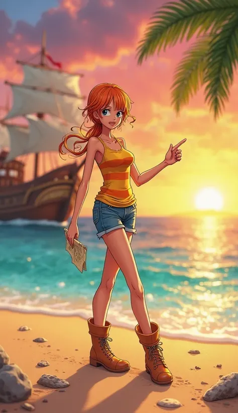 
"Create a vibrant and colorful cartoon style 3D scene, portraying the character Nami from 'One Piece'. Nami is on a tropical beach, standing on the golden sand, with her feet slightly buried.  She is wearing her classic costume : a yellow top with orange ...