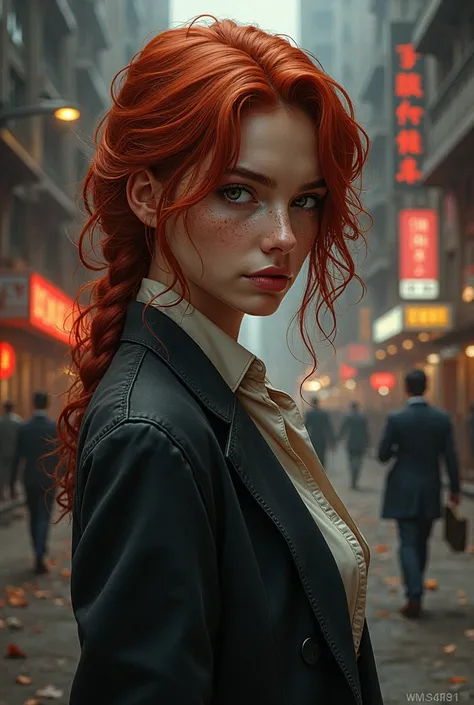 Create a realistic cover for my Wattpad book, the protagonist is like Riveldel's red-haired girl with freckles and the protagonist is like the 365-day actor, but the prettiest he is a mobster 