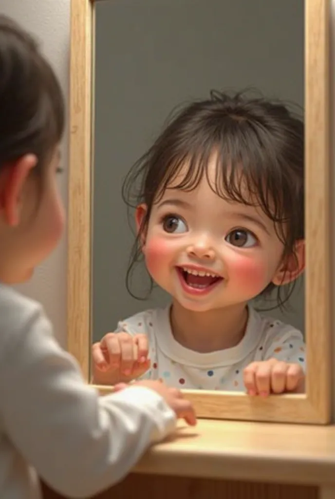 Create a real image inspired by the Montessori method that represents the concept of freedom within limits. The scene must show a real human  aged 4 to s,  smiling, seeing himself in the mirror , Recognizing. The image should look like a real , the mirror ...