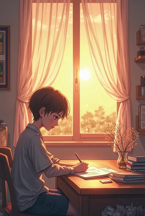 I want someone to study in his room and the sun rises in the form of an anime. The color of the room is quiet
