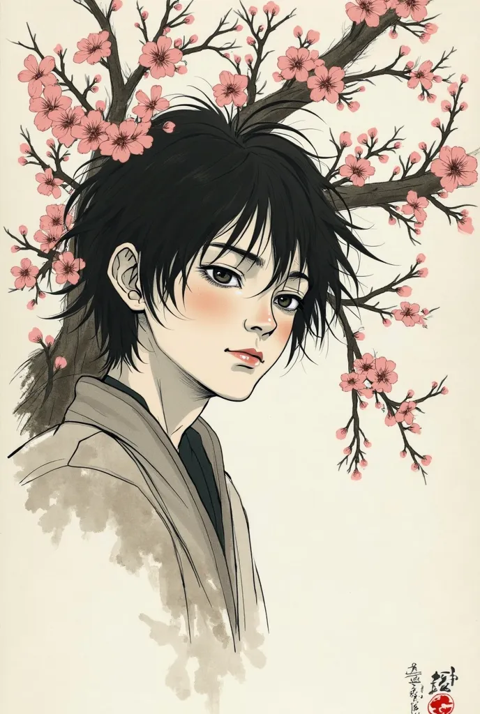  in a cherry tree, only face, in style sumi-e boy, vagabond traits, illustrated for takehiko inoue 