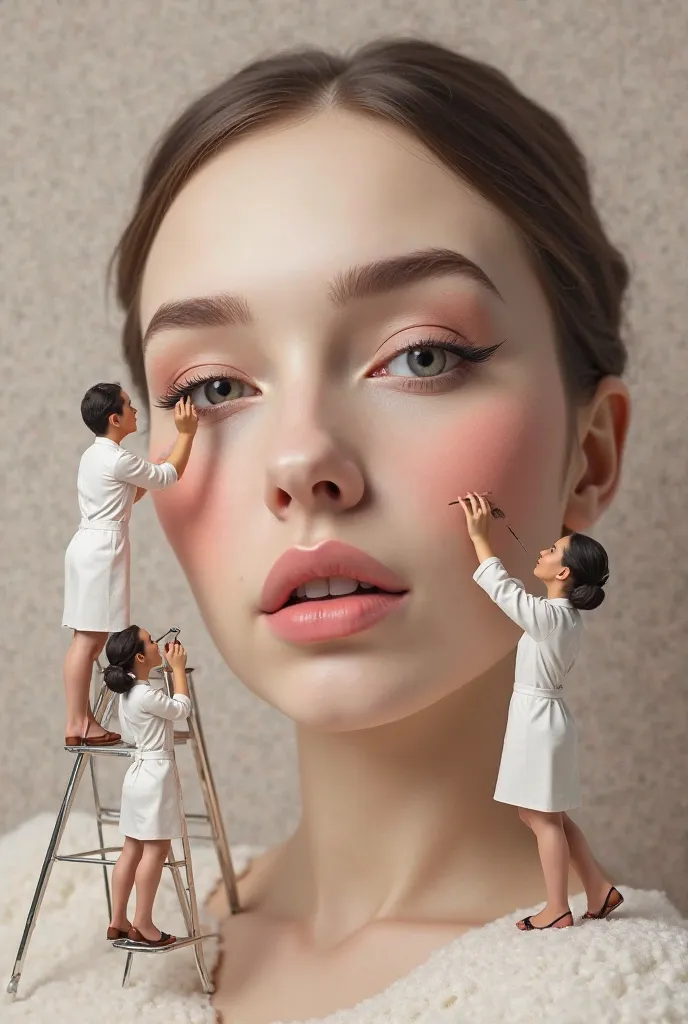 A surreal scene where tiny makeup artists in white uniforms carefully apply makeup on a giant woman's face. One is on a ladder applying eyeliner, another is on a stool adding blush, and a third is painting lipstick. The scene is hyper-realistic with smooth...