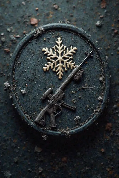 Dark militaristic style patch with snowflake, sniper rifle and book