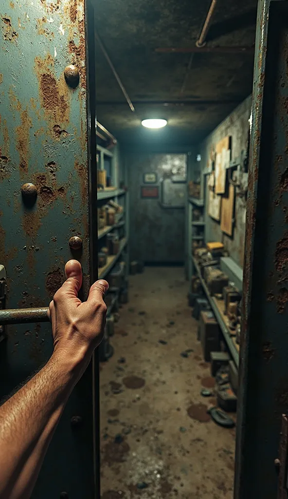 First-person (POV) ultra-realistic perspective of hands gripping the handle of a heavy metal bunker door. Rust and scratches cover the surface. As the door is pulled open, dim flickering lights illuminate a secret underground hideout filled with survival g...