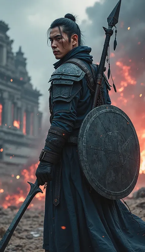 A Korean man with a sharp, determined face and piercing eyes, embodying the essence of a skilled assassin. He wears sleek, dark fantasy assassin gear—a form-fitting, layered outfit made of shadowy, flexible materials that blend into the environment. His at...