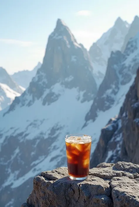 Iced Americano on the rock of high mountain 
