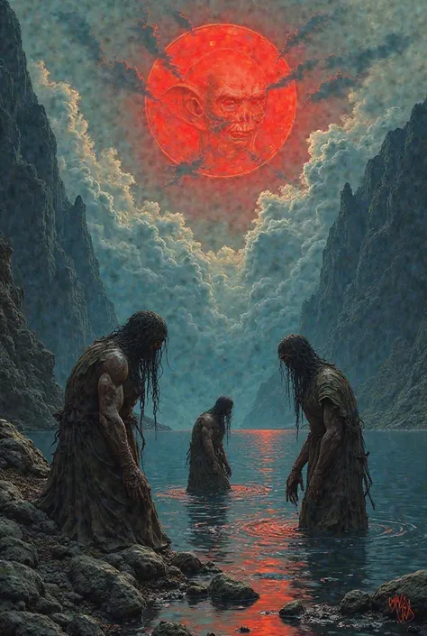 The colors of the painting are dark and frightening. plot: huge mountains in the background, at the foot of the dark lake. Three titans knee-deep in the lake, dressed in rags. x} Titan is trying to see through the stone from the left, causing his mouth to ...