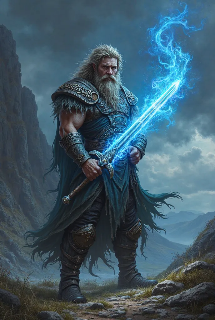 Celtic warrior with sword shrouded in blue fire