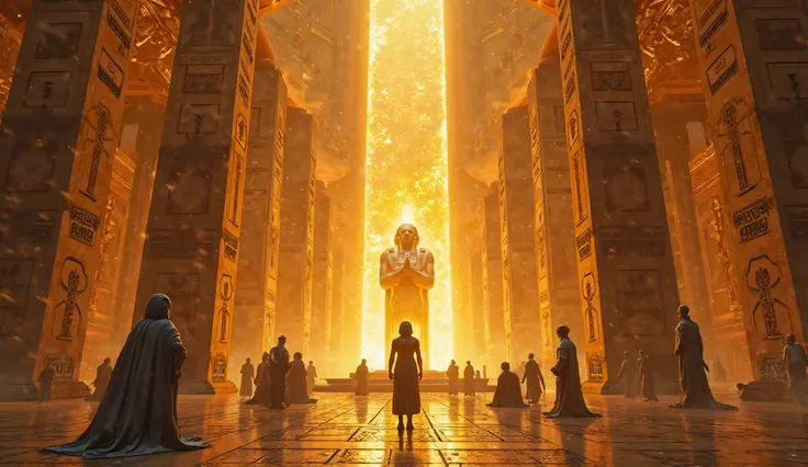 A futuristic temple of Ptah glows with industrial light, its forges replaced by 3D printers crafting golden idols, while artisans in exosuits sculpt towering statues that come alive with artificial intelligence, bowing to their creators.