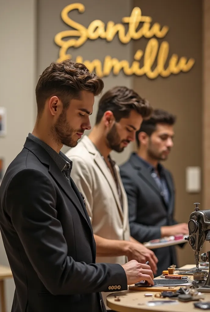 Mundo Minuscos, with handsome male models of tiny real black palettes working on making a designer's coreselet "Santu Emilliu "   legible writing with your name on the background of the sewing workshop. Realistic 8k. Modern chic studio background in beige ...