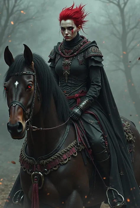 Dark witch with cherry-red square hair and weeping blood , On horseback 