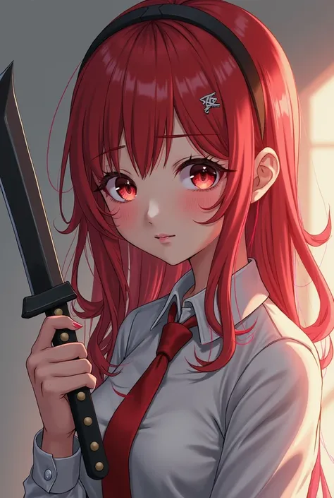 anime girl with red hair holding a knife in her hand, a character portrait inspired by Li Shida, pixiv, shin hanga, female protagonist 👀 :8,  anime art style Moe ,  detailed anime character art ,  realistic anime art style ,  clean and detailed anime art, ...