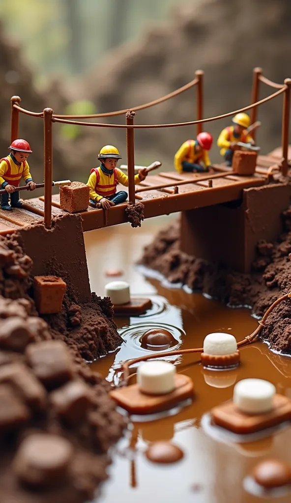 Miniature construction workers build a bridge made from giant chocolate bars, with licorice cables holding the structure. Some workers use tiny torches to melt caramel beams, while others smooth out the surface with spatulas. Underneath, a golden river of ...