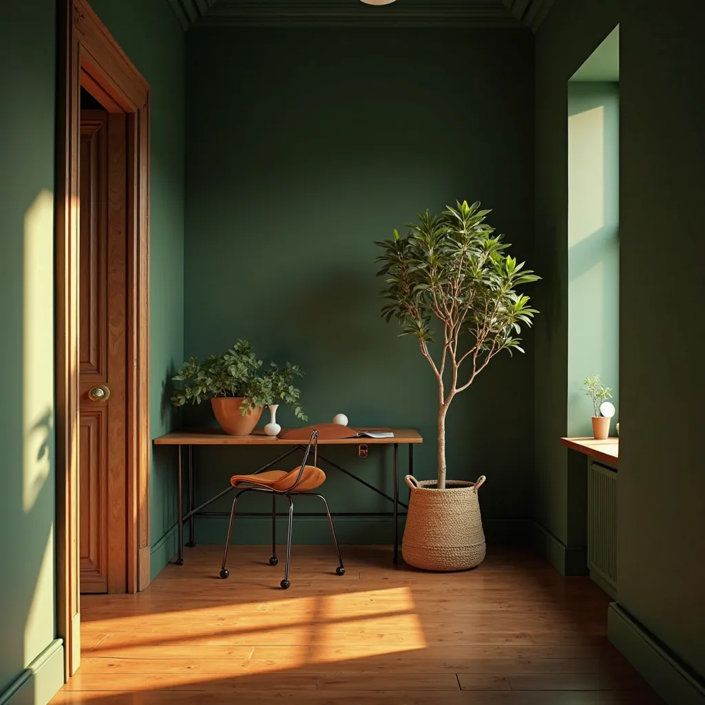 "A cozy, clean room bathed in warm, natural lighting that creates a welcoming and serene atmosphere. The walls are painted in a rich, dark green, adding a touch of elegance and depth to the space. The floor is a warm, polished brown, complementing the gree...