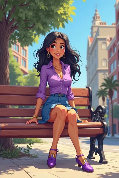 Tip: A very lovely  beautiful Asian American woman being happy alone on a bench in Downtown San Diego in the sun..The illustration is a high definition illustration with 4k resolution., with highly detailed facial features and cartoon style visuals, purple...