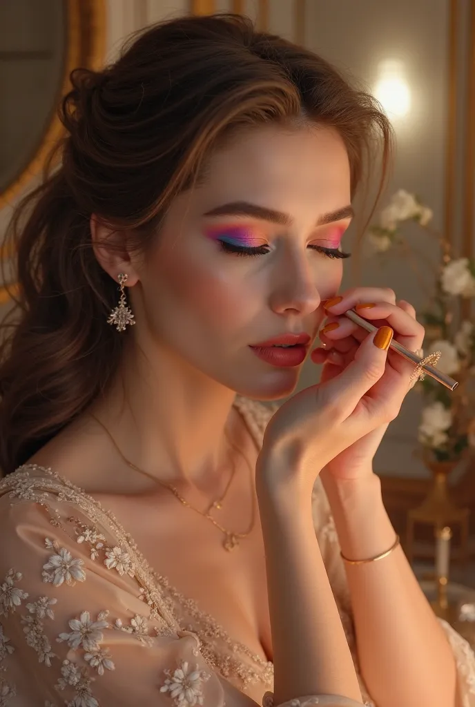 Create an image of a lady elegantly applying makeup to her face,  bright colors 