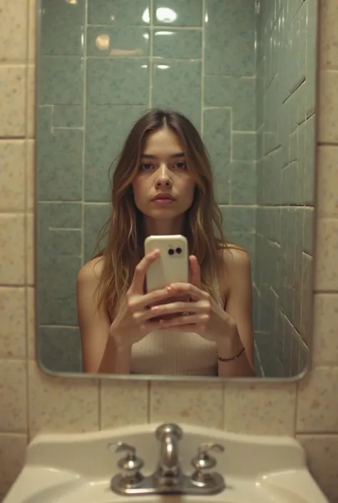 Photo of a European-looking girl being photographed on the phone in the bathroom in poor quality 