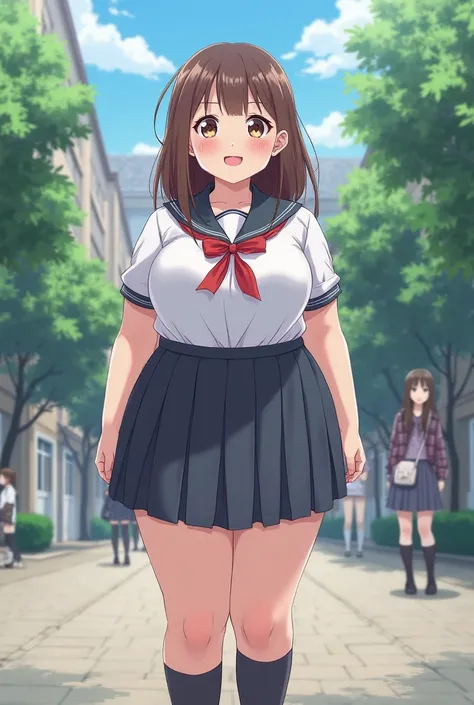 Anime girl in school uniform at school overweight and big belly