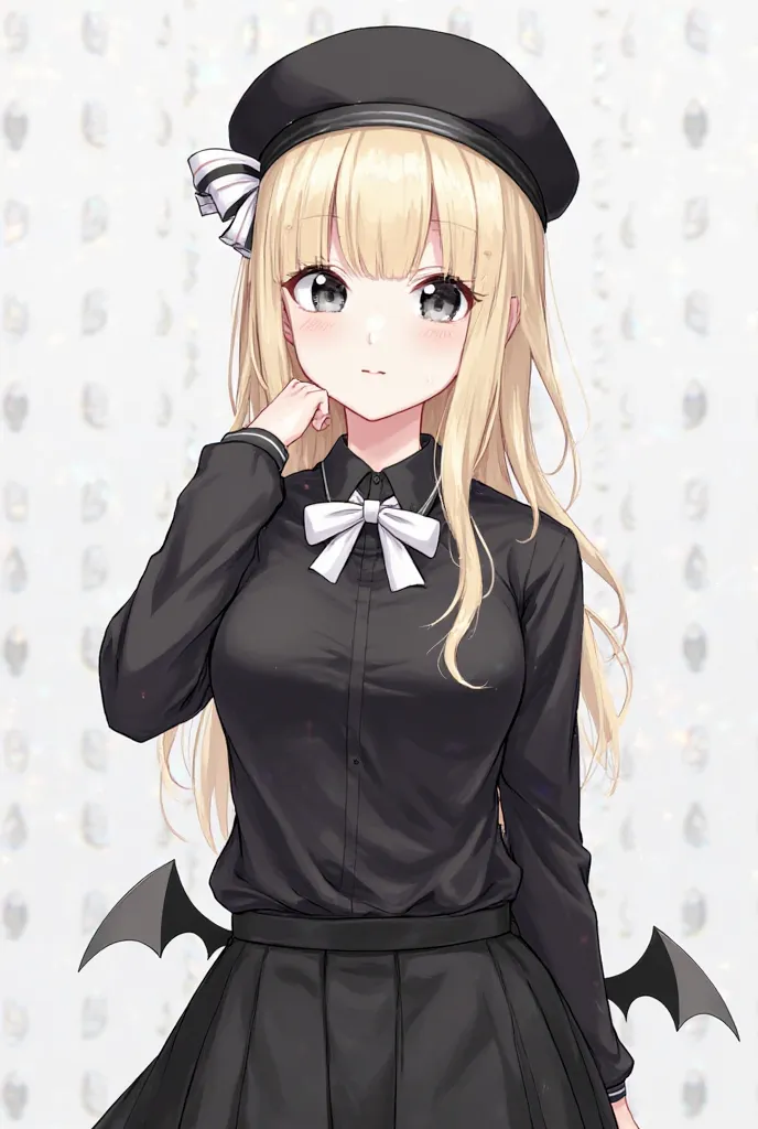 Female gender,  white skin color , tinted blonde hair, with a black beret on the head with a white and black bow, round black lenses, with a black long sleeve t-shirt and a black skirt along with small black bat wings