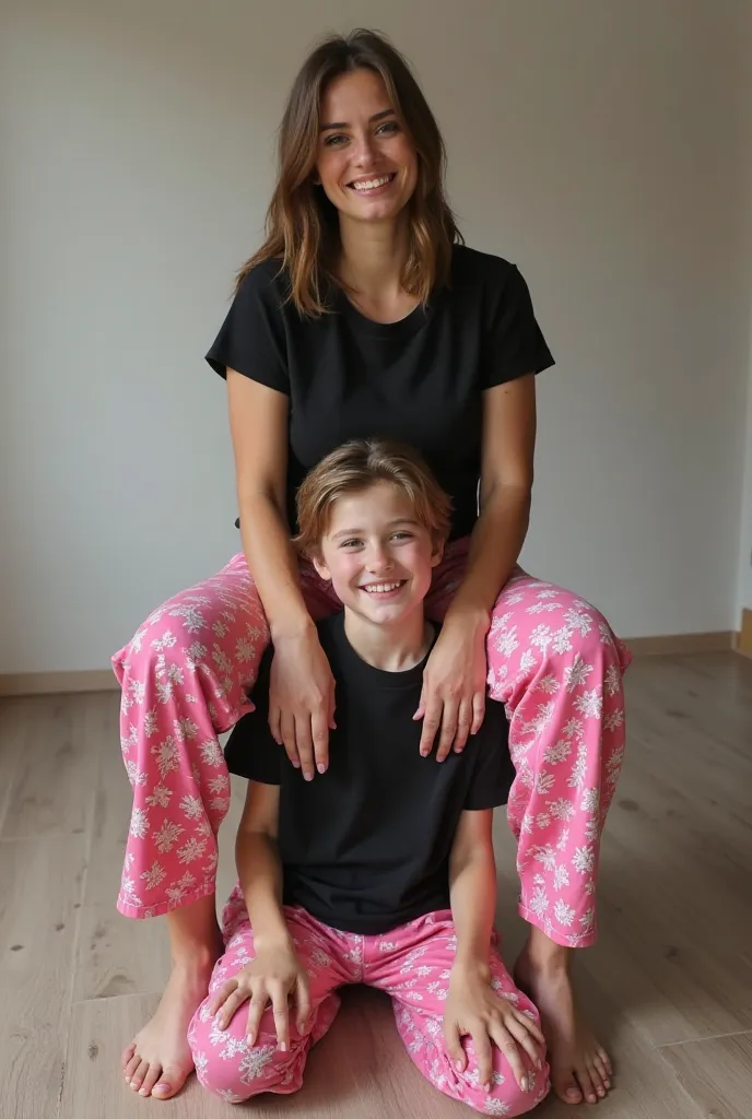   Beautiful Big thighs 30 years old Russian actress wearing full printed pink pajama pant and black t shirt ride on shoulder of a age boy celebrating after winning gold medal while boy sitting on floor 