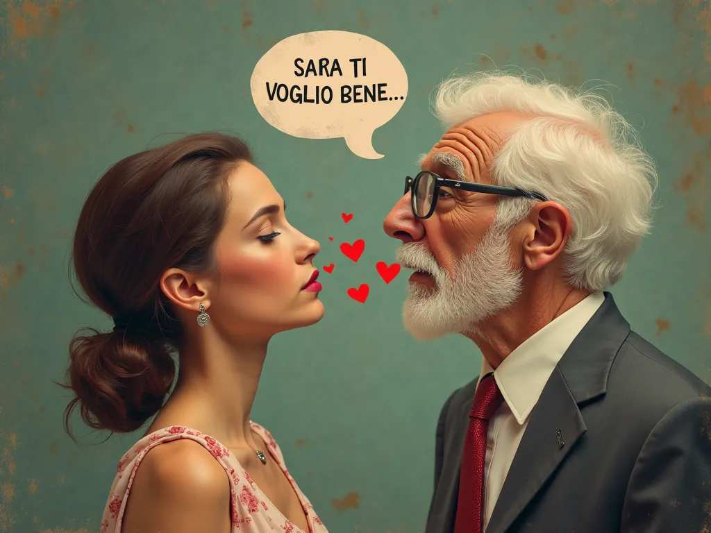 "A beautiful brunette girl and an old man with glasses and white hair in a surreal context. A speech bubble emerges from the old man's mouth with the words: 'SARA TI VOGLIO BENE,' surrounded by small red hearts."



