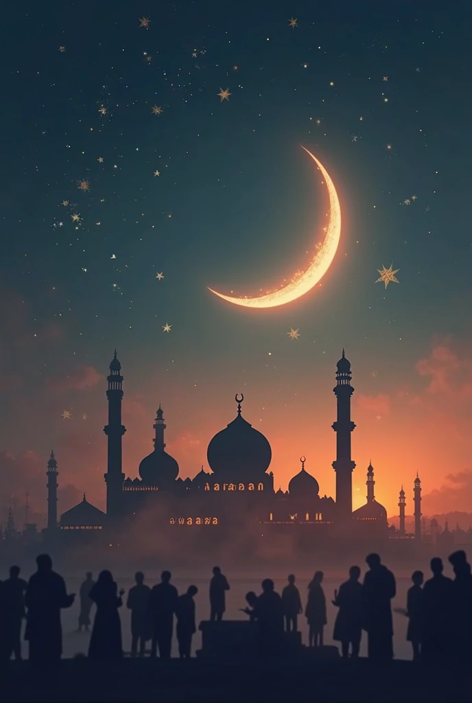 A picture of the atmosphere of the month of Ramadan with the appearance of the crescent moon and the appearance of mosques 8k, the image size should be 5 mega pixels