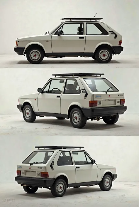 Create an image of a Fiat Uno installed solar panels on the roof charging 1986 Fiat Uno with solar energy image from four different angles 
From different angles and that show the top of the solar panels and that there are solar panels only on the top of t...