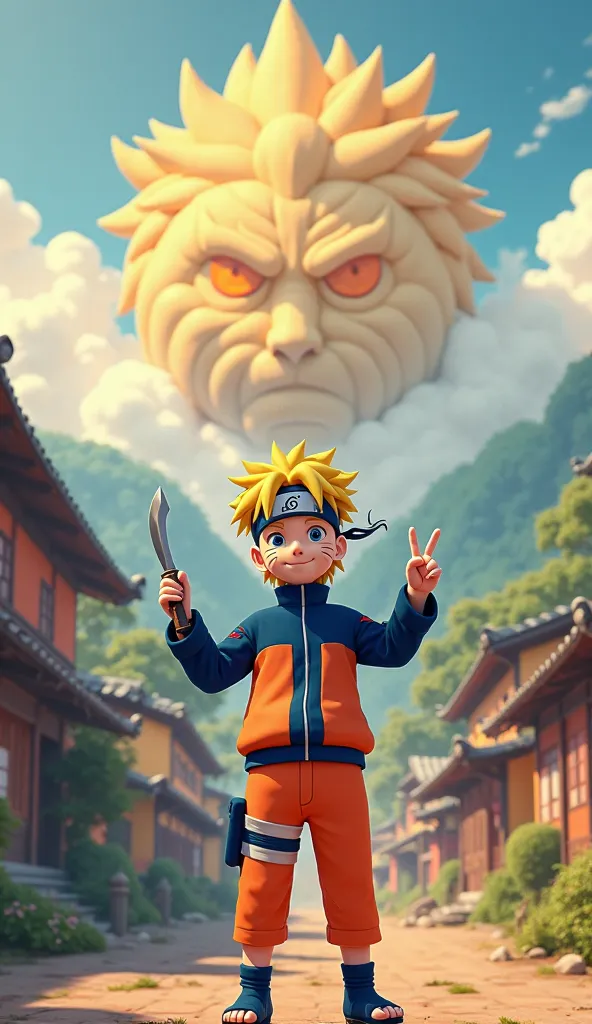 
"Crie uma cena 3D em estilo cartoon vibrante e cheia The energia, depicting the character ** Naruto Uzumaki** The *'Naruto'*. Naruto is in a villa inspired by ** Vila da Folha  (Konoha)**, with traditional Japanese houses, telhados The palha e Thetalhes T...