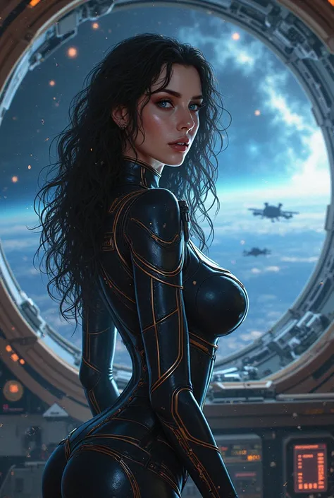 image of a space war with long curly black hair, white skin blue eyes, sexy body with huge boobs protruding, commanding the bridge of a futuristic spaceship...