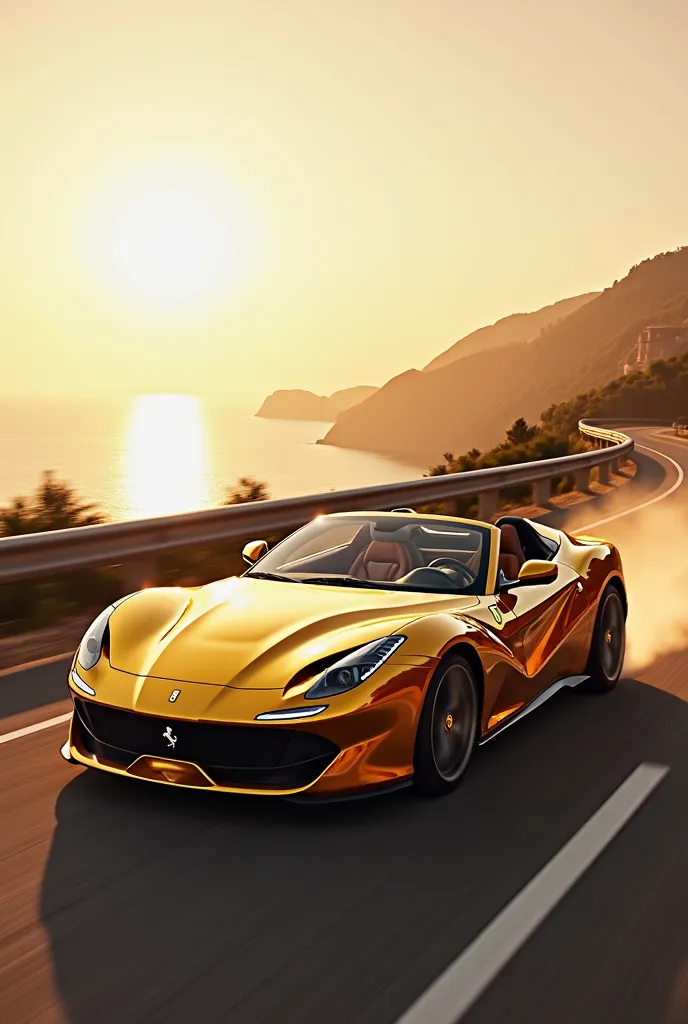 The Ferrari P540 Superfast Aperta shines in a shiny shade of gold and reflects the Sunlight on its elegant, curved body. The deep air intakes and aerodynamic design emphasize its sporting power. The open interior with luxurious details is visible. In the b...