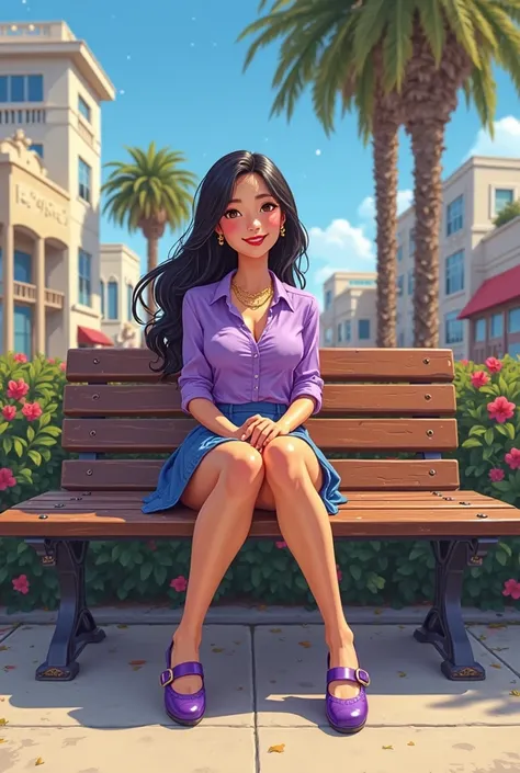 Tip: A very lovely  beautiful Asian American woman being happy alone on a bench in Downtown San Diego in the sun..The illustration is a high definition illustration with 4k resolution., with highly detailed facial features and cartoon style visuals, purple...