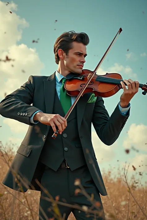 Handsome man dressed in an elegant black suit, blue shirt and green tie playing the musical magic of the violin to control the wind