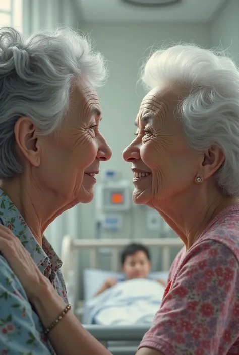 Two grandmothers in a hospital room. One of the European type with a mean and grumpy look and the other of the Asian type with very jovial and calm hair. 