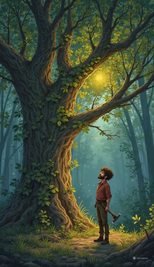 elias, the lumberjack with the short beard and disheveled brown hair, is standing with its axe lowered, listening attentively to the magical voice of the enchanted tree. His eyes reflect curiosity and respect. The tree shines slightly, its leaves whisper a...