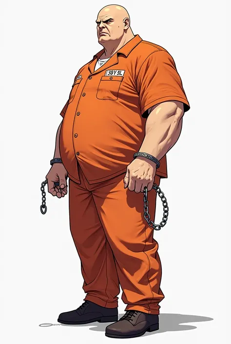 Side view of Marvel comics the kingpin wilson fisk, tall bara male with wide shoulders, muscular with pot belly, bald head with clean shave, orange prison uniform with serial number,  polished shoes full body image, isolated on white background, anime styl...