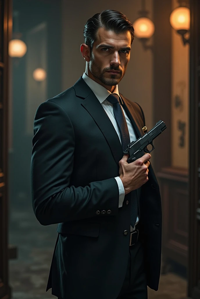 Handsome secret agent dressed in a suit and tie taking his gun out of his jacket