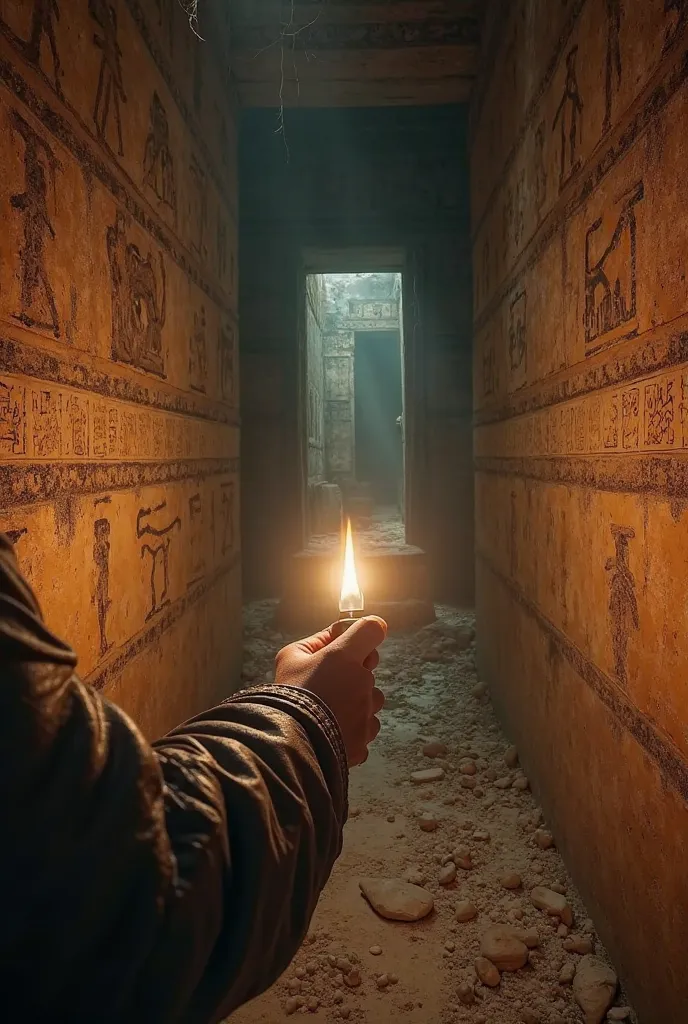 A first-person view of an explorer inside an ancient and abandoned temple, with visible hands holding a torch that illuminates hieroglyphics on the walls and part of the leather jacket in front, hyperrealistic style with earthy tones and deep shadows, dram...