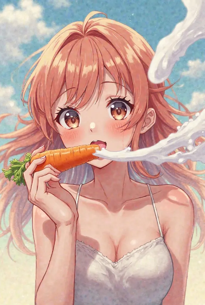 Anime woman eating carrot and spitting milk 