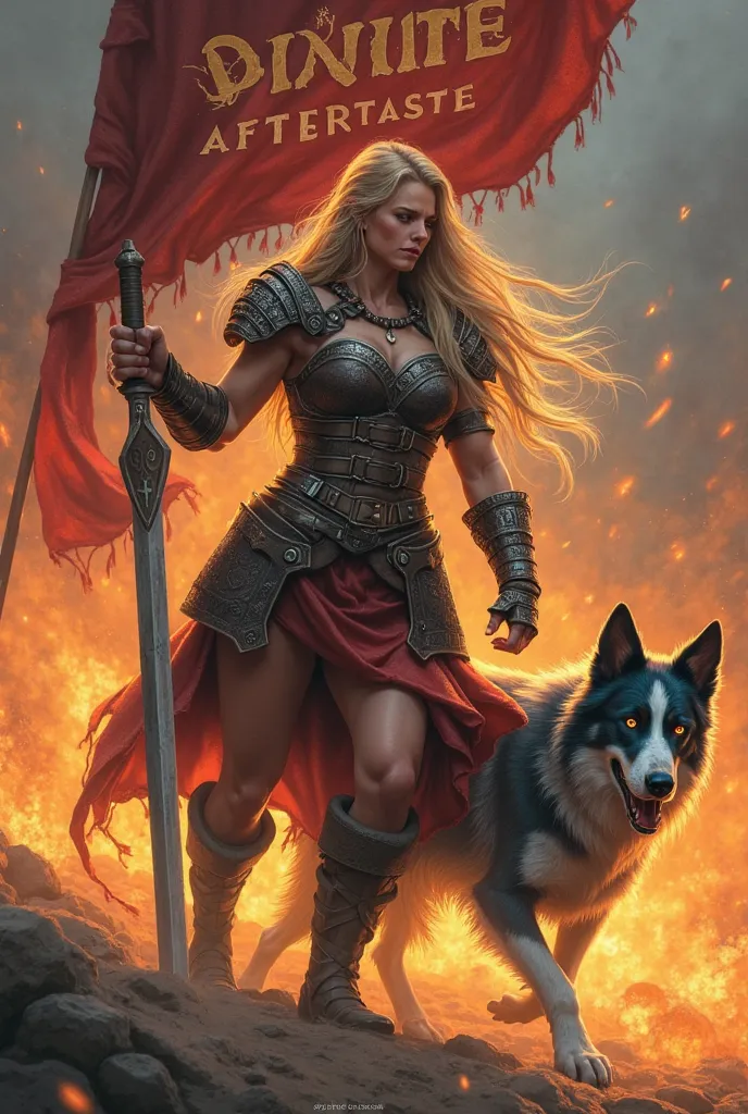 Blonde viking female warrior holding a sword in one hand and a banner reading "Divine Aftertaste" in the other going into battle with her bue heeler dog with flames in the background